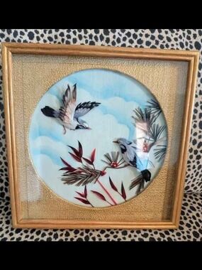 Original Vintage Painting! Real Bird Feathers! Blue Jays! 3 D Shadow Box!